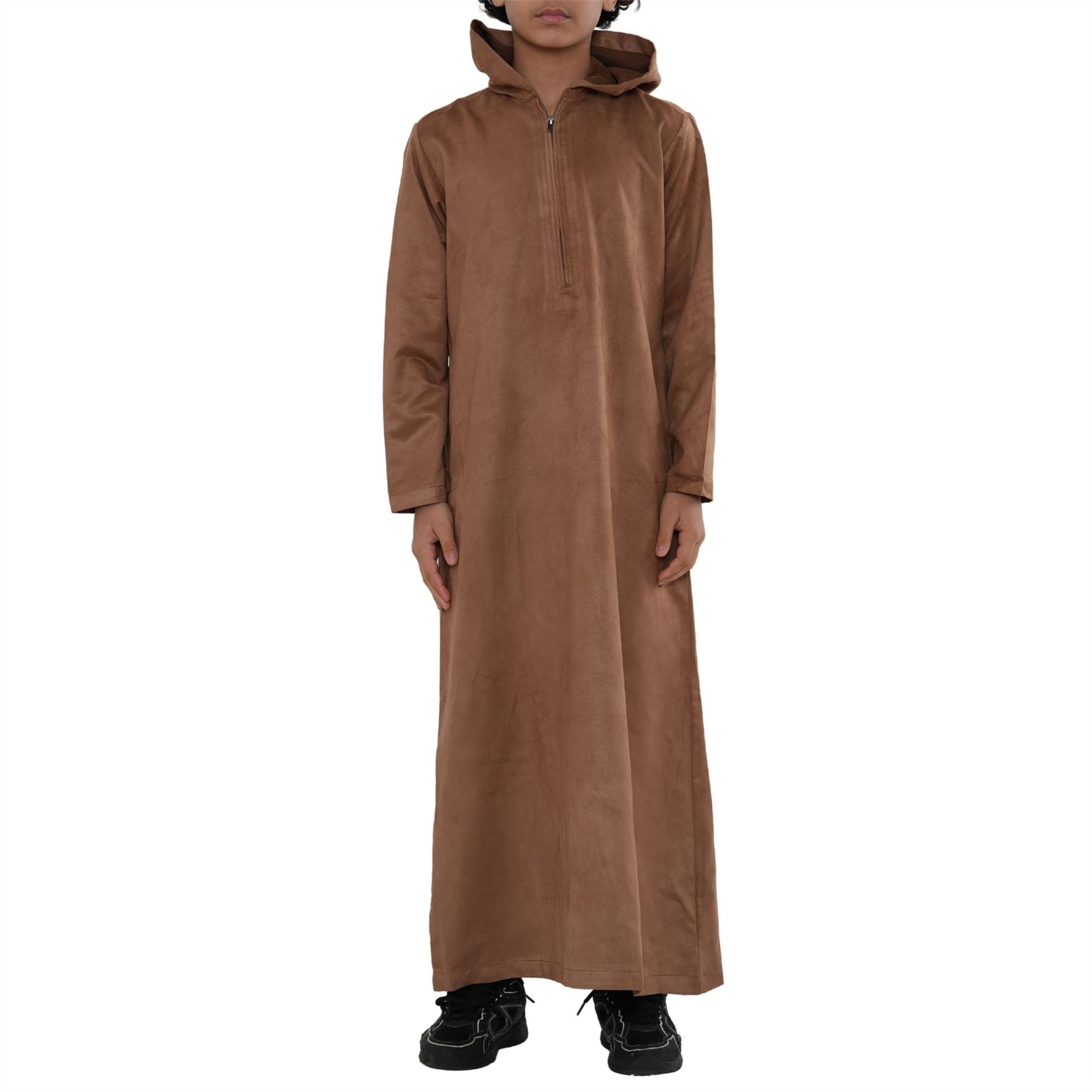 HM12 - Boy's Hooded Suede Emirati Omani Zipped Thobe