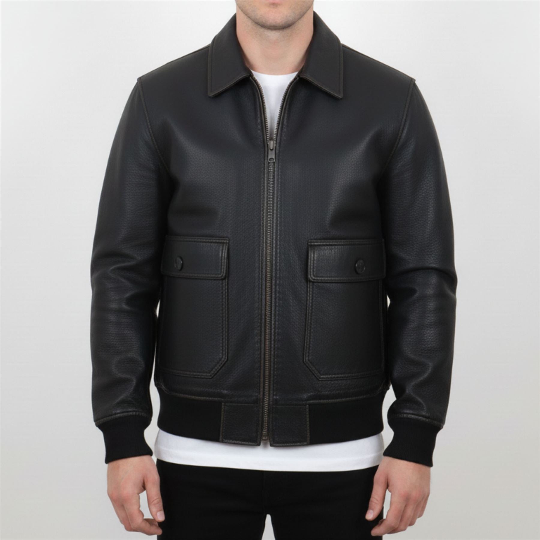 Men's Black Leather Bomber Aviator Jacket