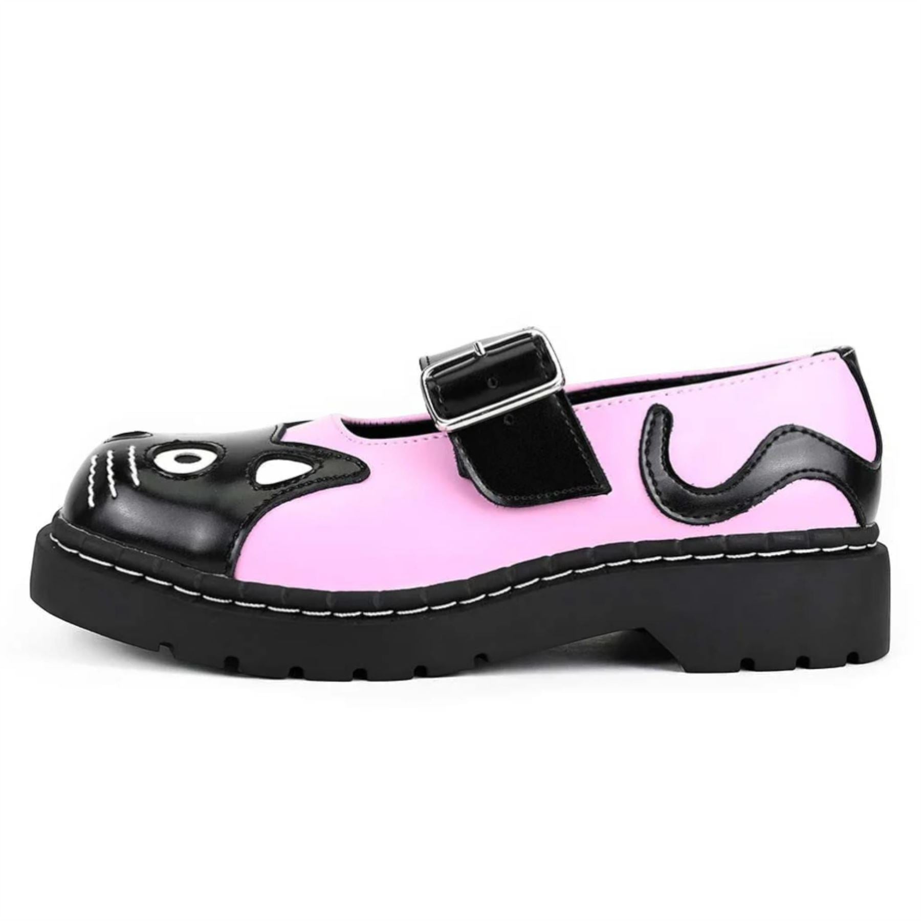 Women's Mary Jane Kitty Pink Black Leather Platform Shoes