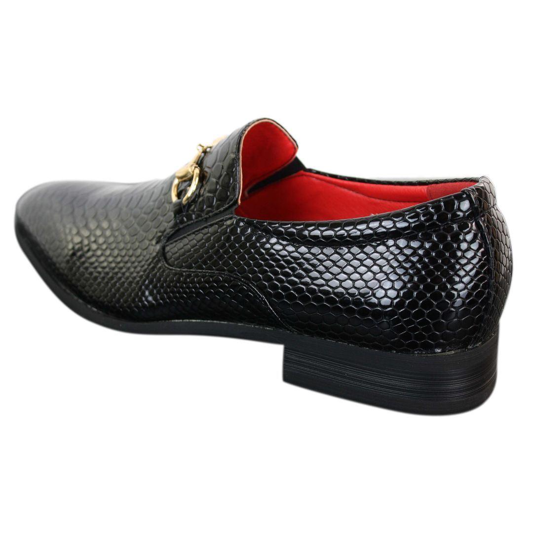 Mens Black Patent Shiny Slip On PU Snake Crocodile Leather Shoes Gold Buckle - Knighthood Store