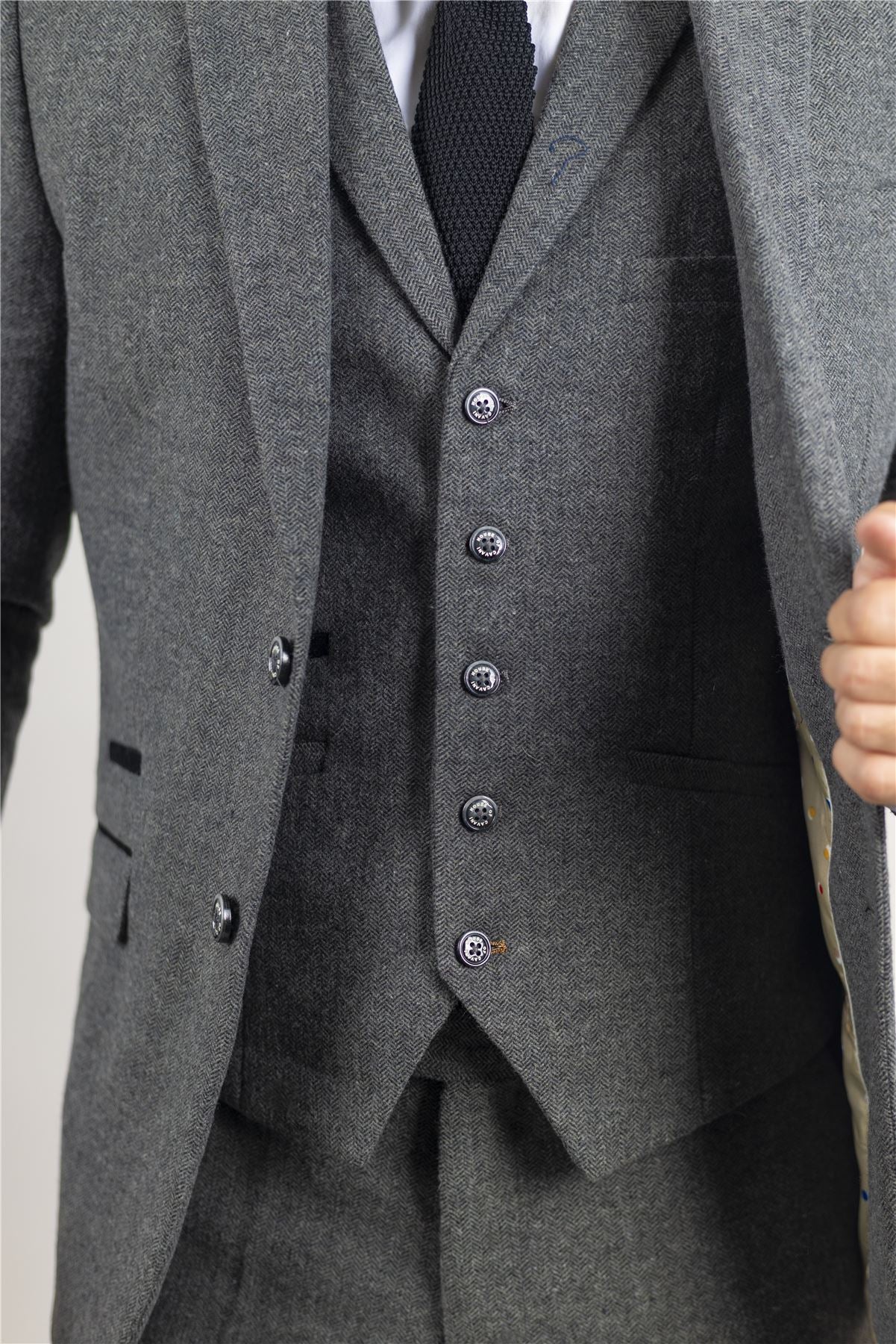 Men's Suit Grey 3 Piece Herringbone Tweed Wool Blend Classic Formal Dress