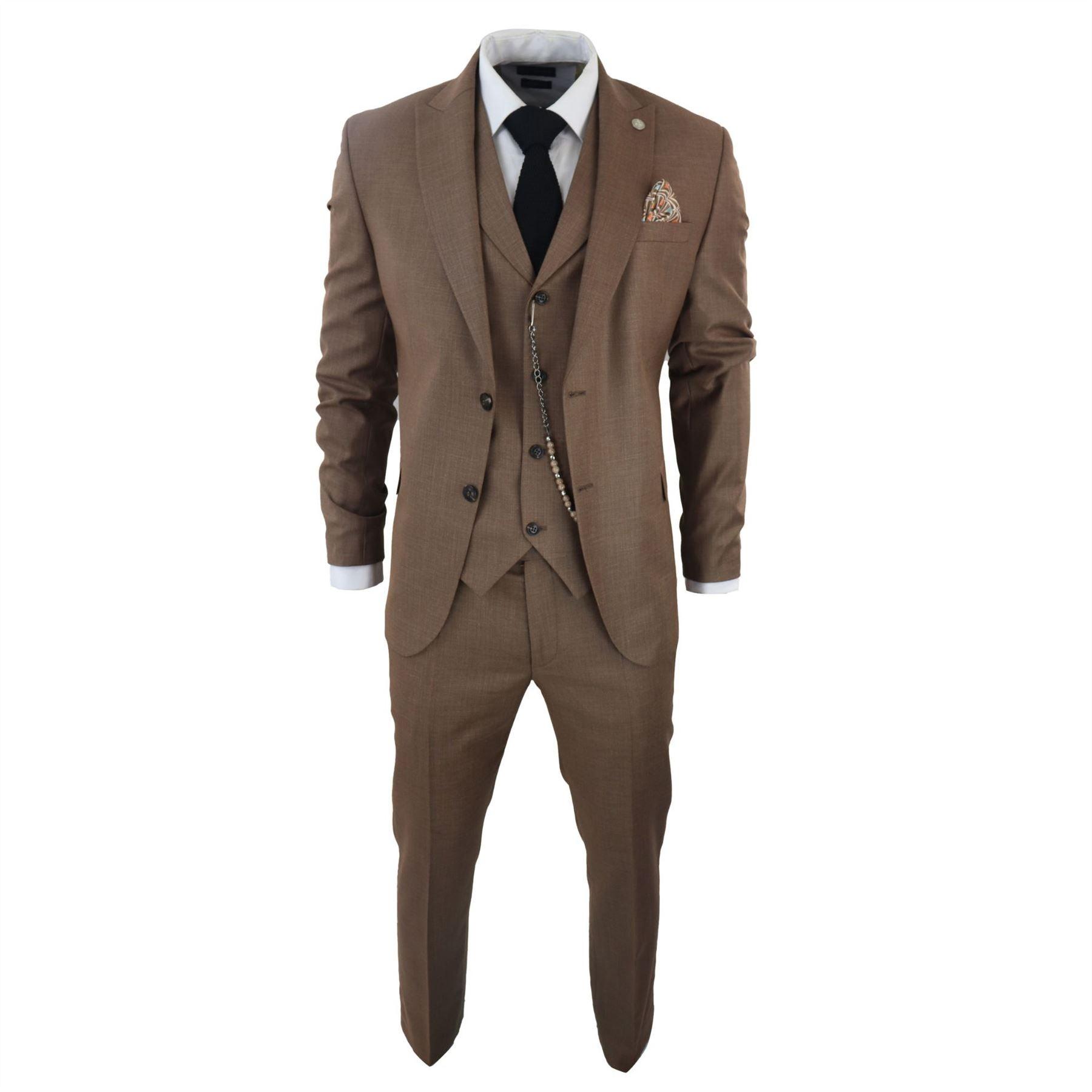 Mens Classic 3 Piece Suit Brown Pocket Chain Wedding Tailored Fit Vintage Formal - Knighthood Store