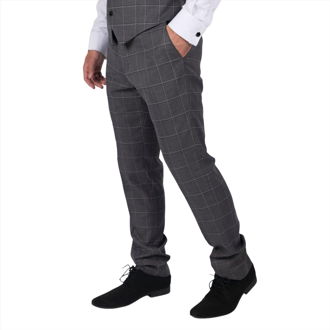 Mens Grey Check Trousers Vintage Retro Smart Wedding Classic Tailored Fit Light - Knighthood Store