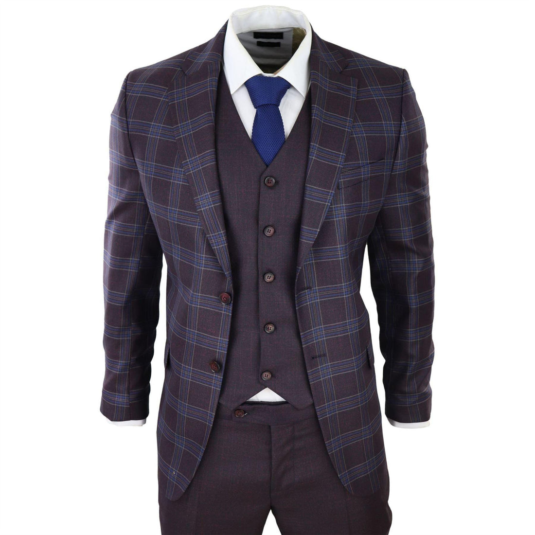 Mens 3 Piece Suit Purple Blue Check Check Contrasting Waistcoat Trouser Wedding - Knighthood Store