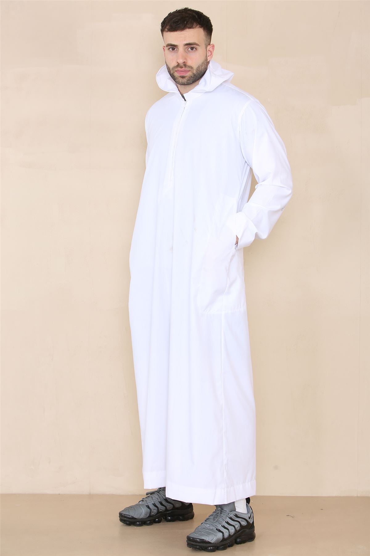 Mens Hooded Thobe Hood Jubba Nehru Stand Collar Islamic Clothing Muslim Kaftan Robe Saudi Slim Regular Fit
