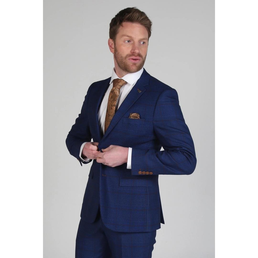 Elegant Mens Blue Brown Check Blazer Tailored Fit for Weddings