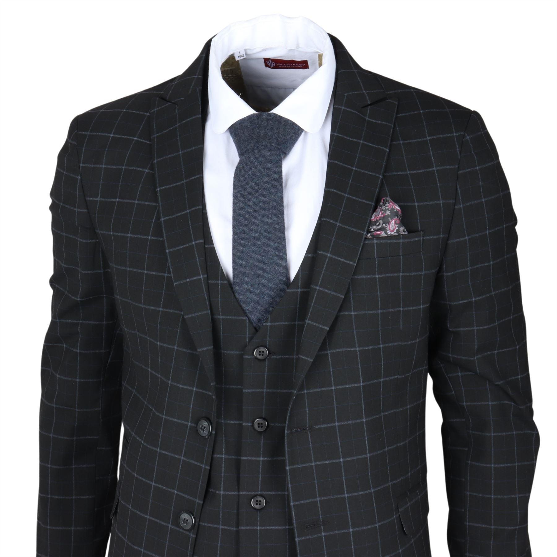 Men's Suit Black Checked Tailored Fit 3 Piece Formal Dress - Knighthood Store