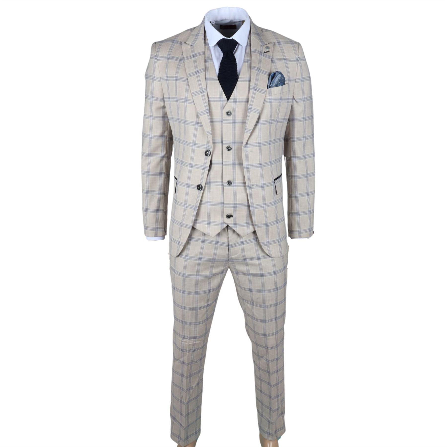 Men's Suit 3 Piece Beige Checked Classic Plaid Tailored Fit Formal Dress - Knighthood Store