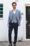 Mens 3 Piece Suit Grey Navy Contrasting Classic Summer Tailored Fit Regular Check - Knighthood Store