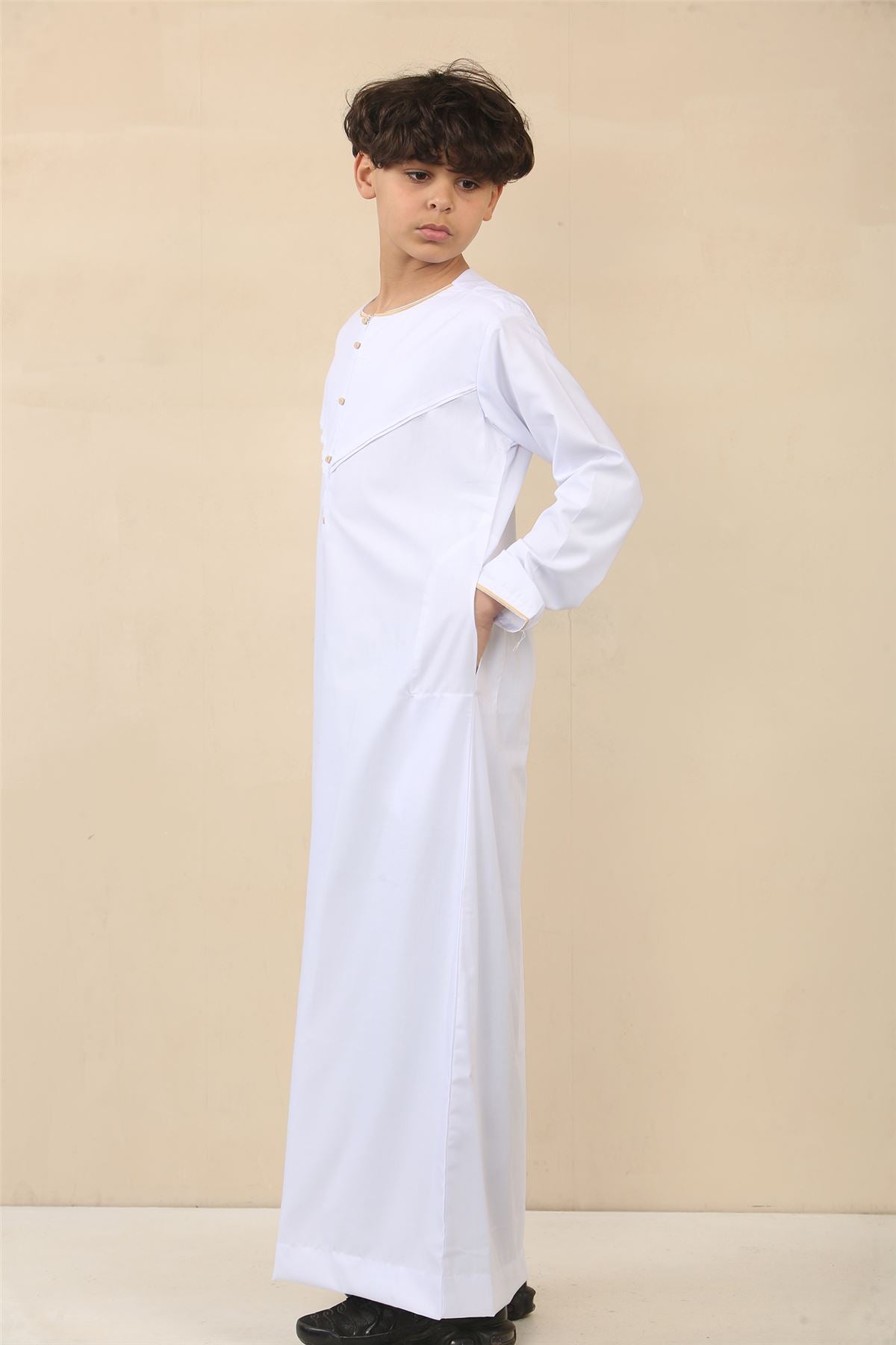 Boy's Thobe Emirati Omani Jubba Islamic Clothing Muslim Kaftan Eid Robe Arab Gold Embroidery
