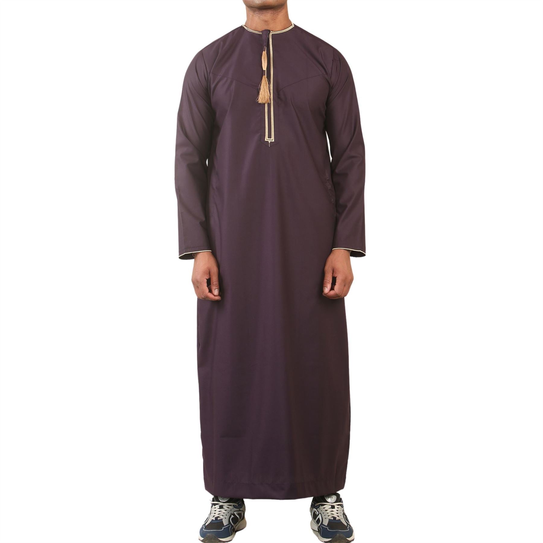 Men's Thobe Emirati Omani Jubba Islamic Clothing Muslim Kaftan Eid Robe Arab Gold Tassel Embroidery