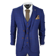 Mens Blue Brown Check 3 Piece Suit Tailored Fit Wedding Prom Races Prince Of Wales