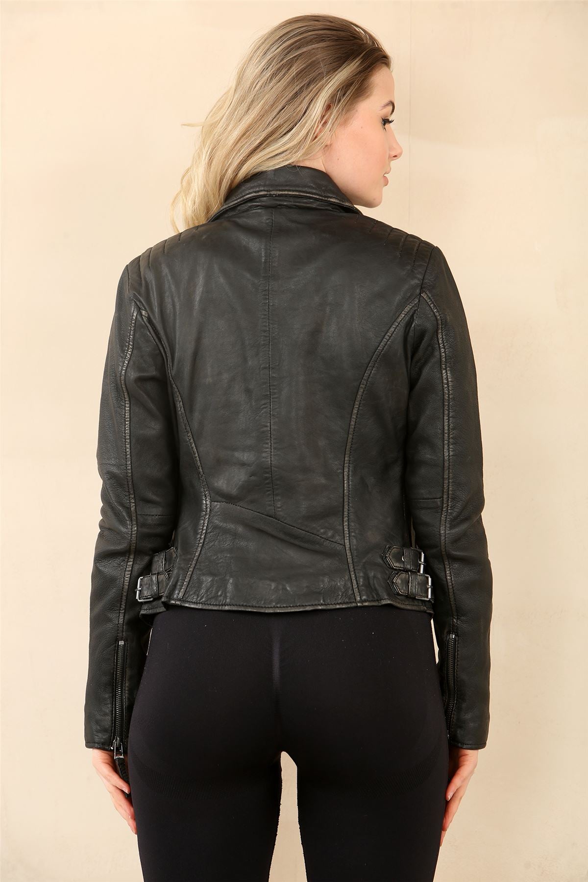 Women's Black Cross Zip Leather Brando Biker Jacket