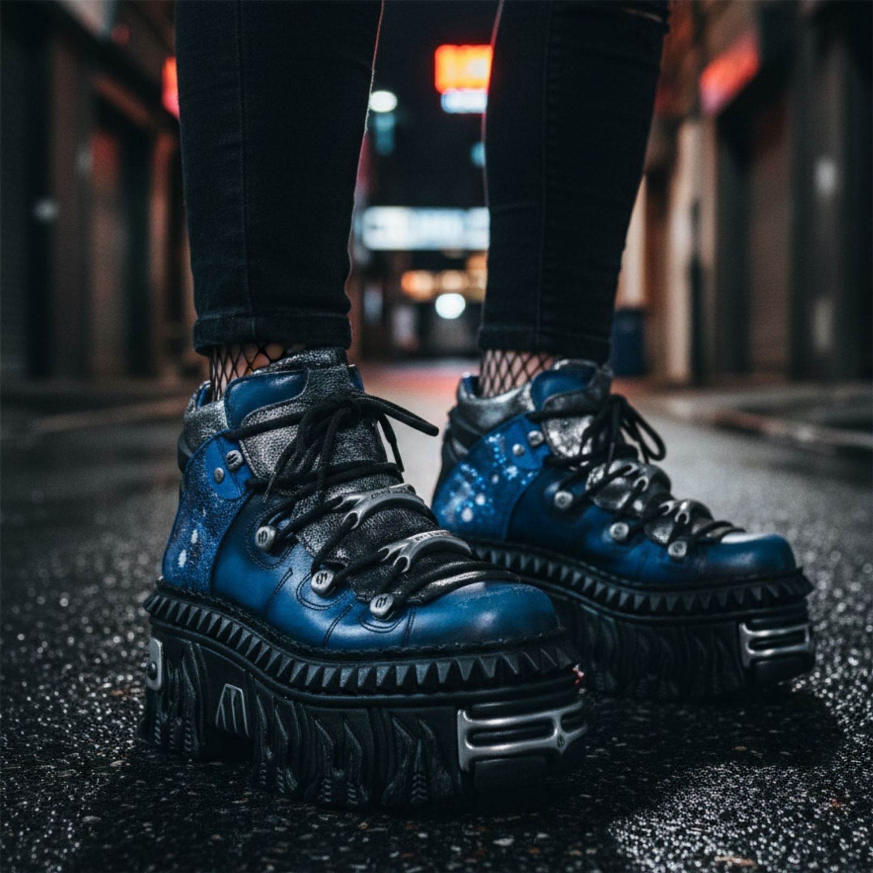 New Rock M-WALL106N-C16 Blue Leather Gothic Rock Ankle Boots