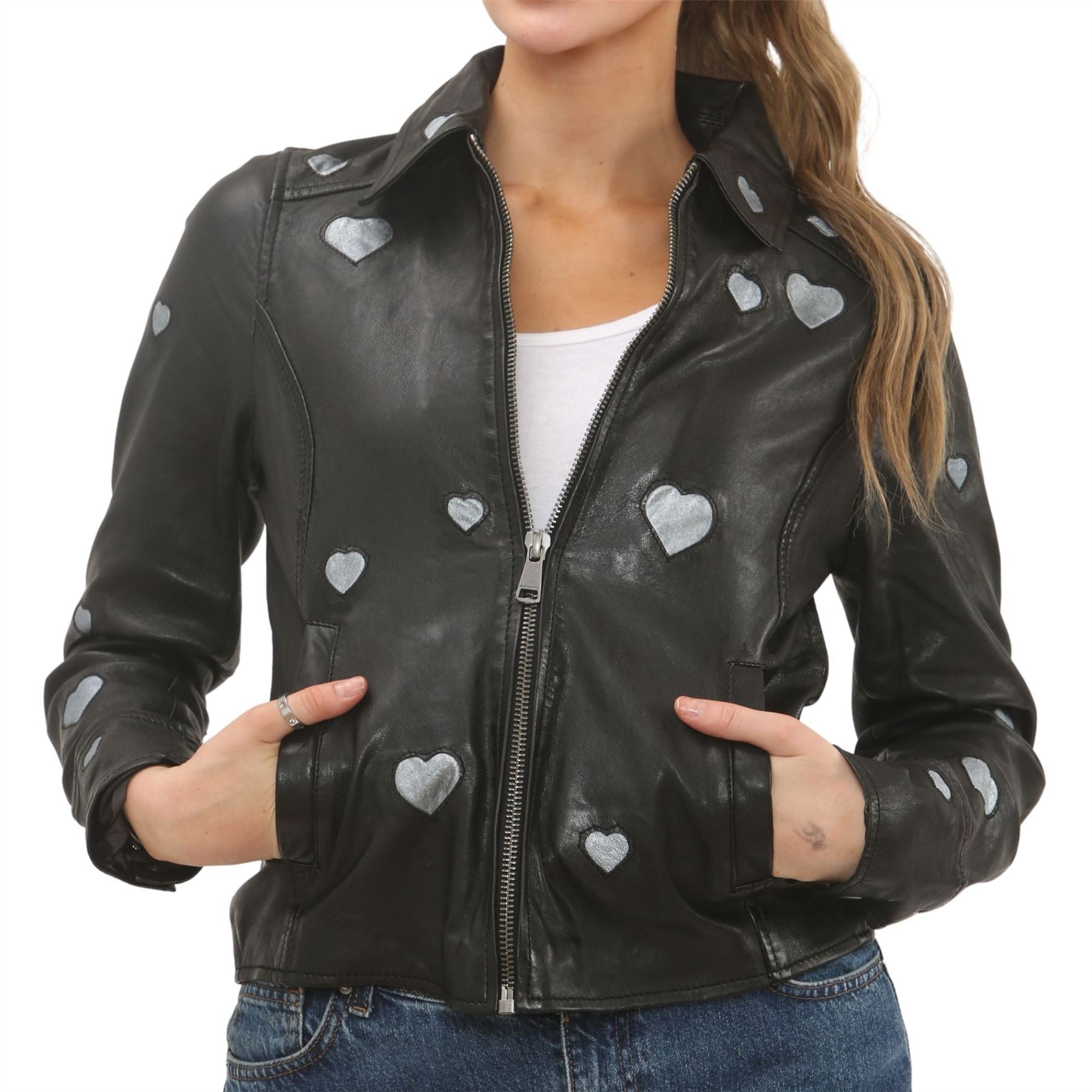 Women's Real Leather Shirt Collar Heart Print Jacket