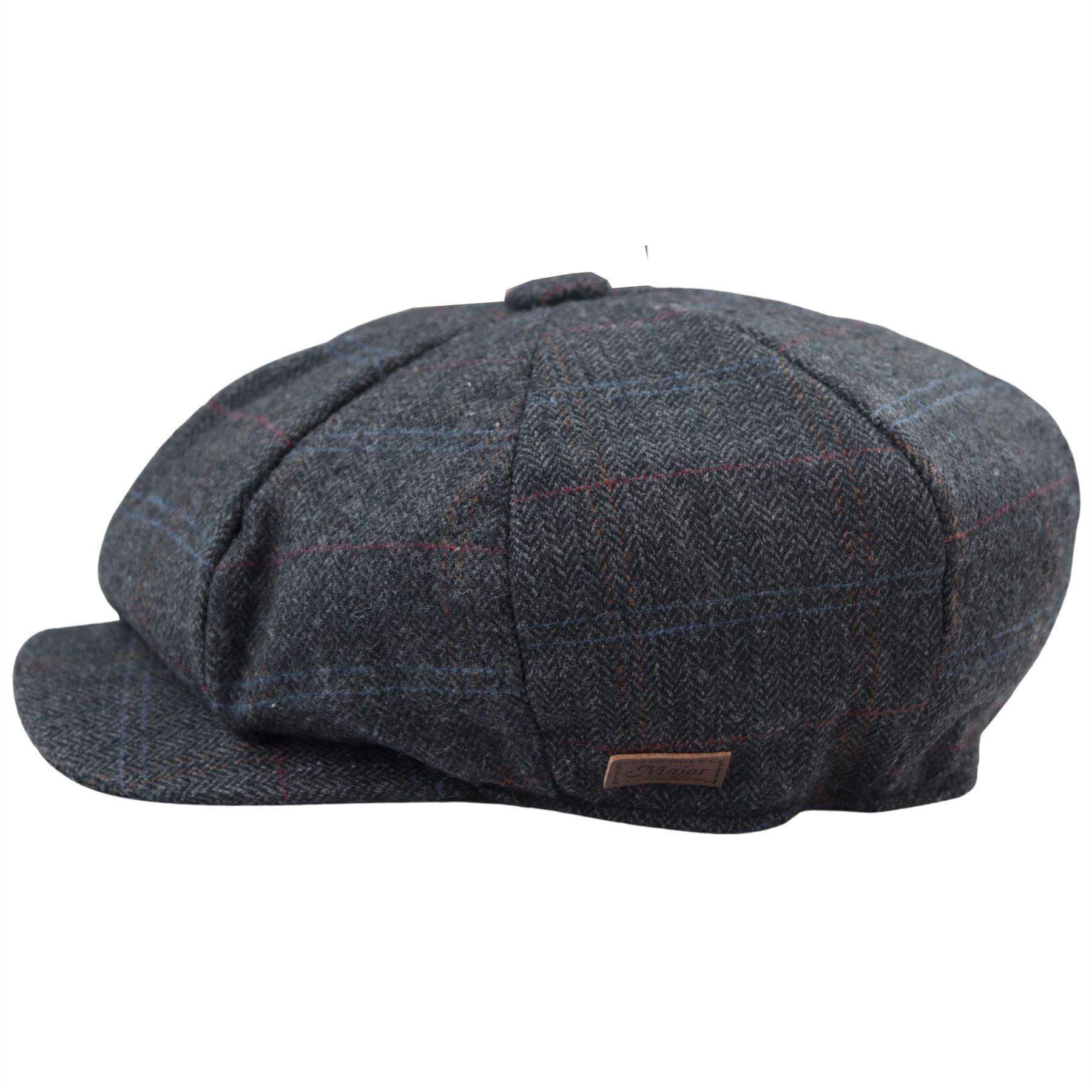 Mens 8 Panel Razor Baker Boy Hat Wool Tweed Blinders Newsboy Flat Cap Blue Check Charcoal - Knighthood Store