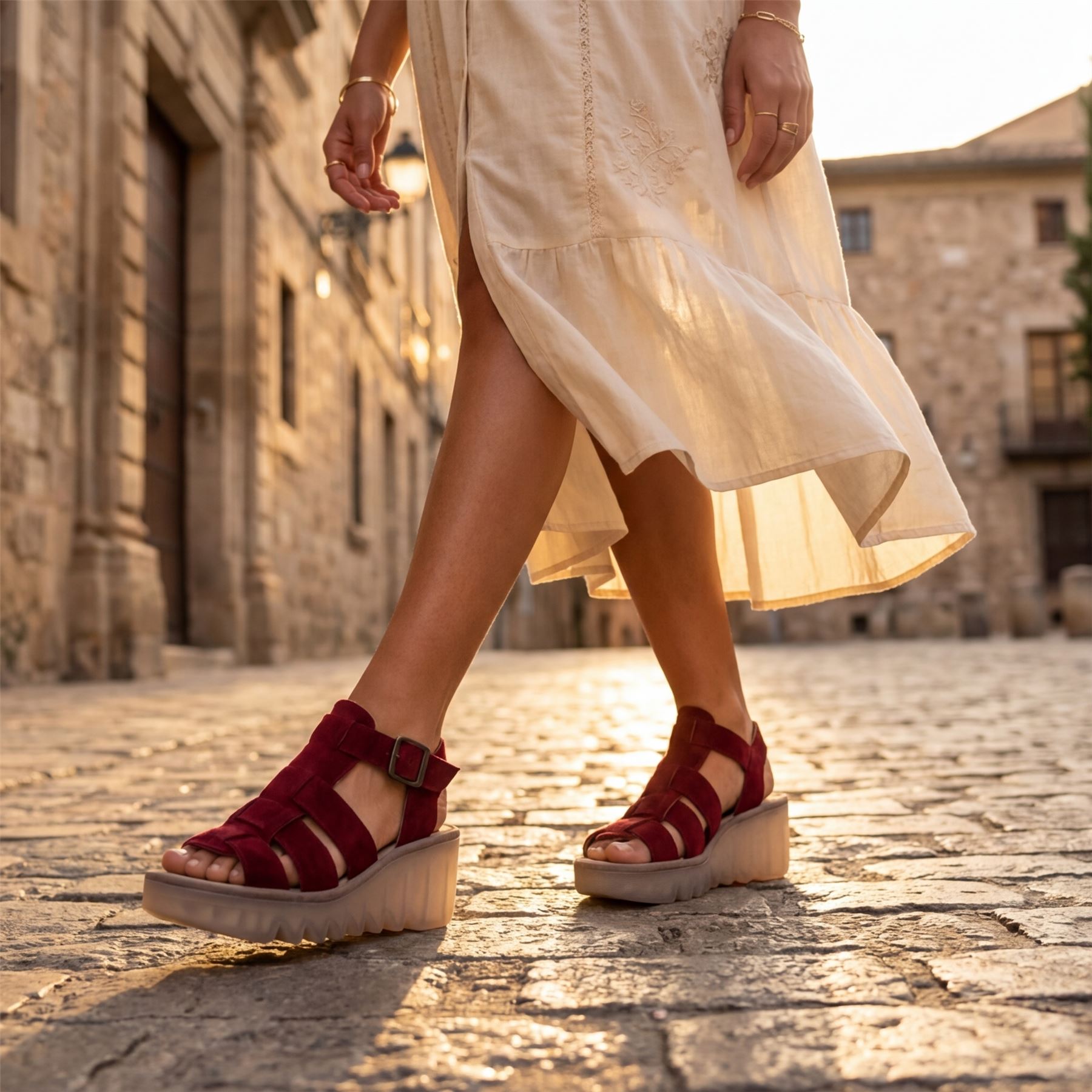 BAIC621FLY - Women’s Berry Red Suede Leather Wedge Sandal