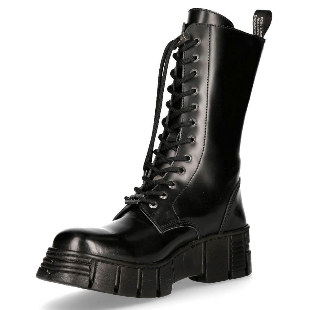 New Rock M-WALL027N-C2 Boots Black Leather Wall Rock Biker Mid-Calf Tower Boots - Knighthood Store