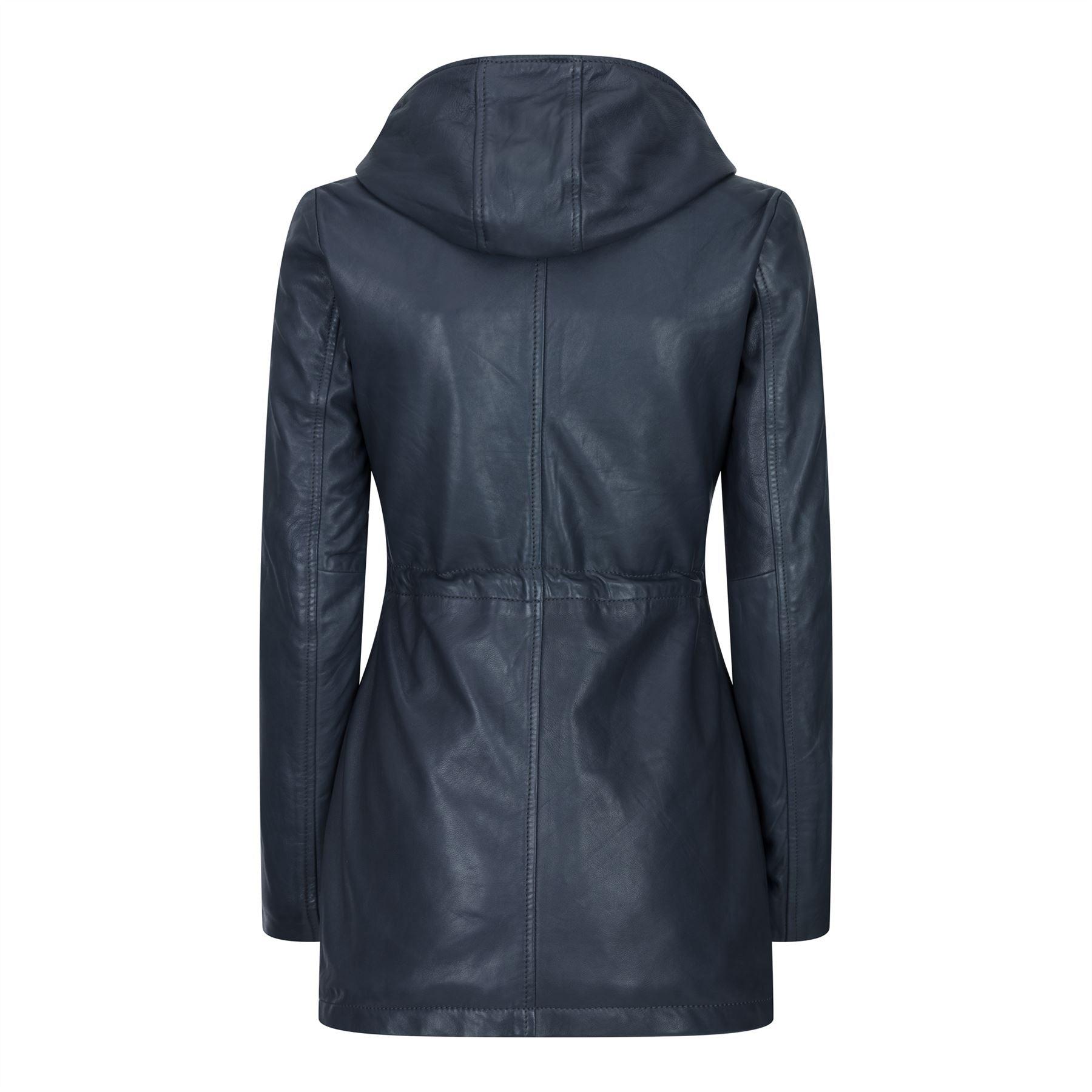 Womens Real Leather Peacoat Hooded Parka Jacket Navy Blue Brown Tailored Fit 3/4 Long - Knighthood Store