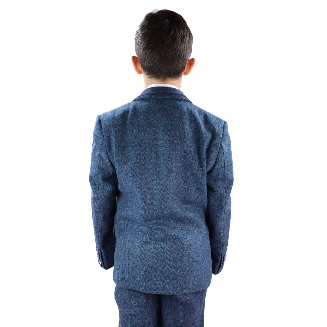 Boys 3 Piece Navy Blue Suit Tweed Check Blinders Tailored Fit Vintage - Knighthood Store