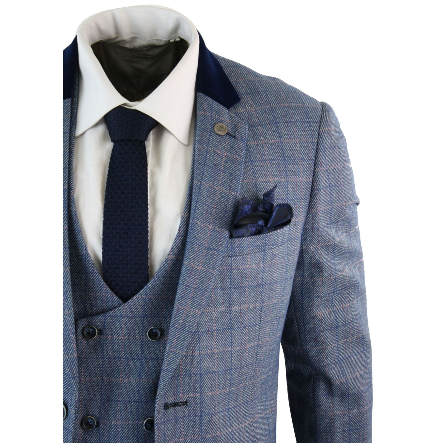 Mens Blue Check Marc Darcy 3 Piece Suit Double Breasted Waistcoat Elbow Patch