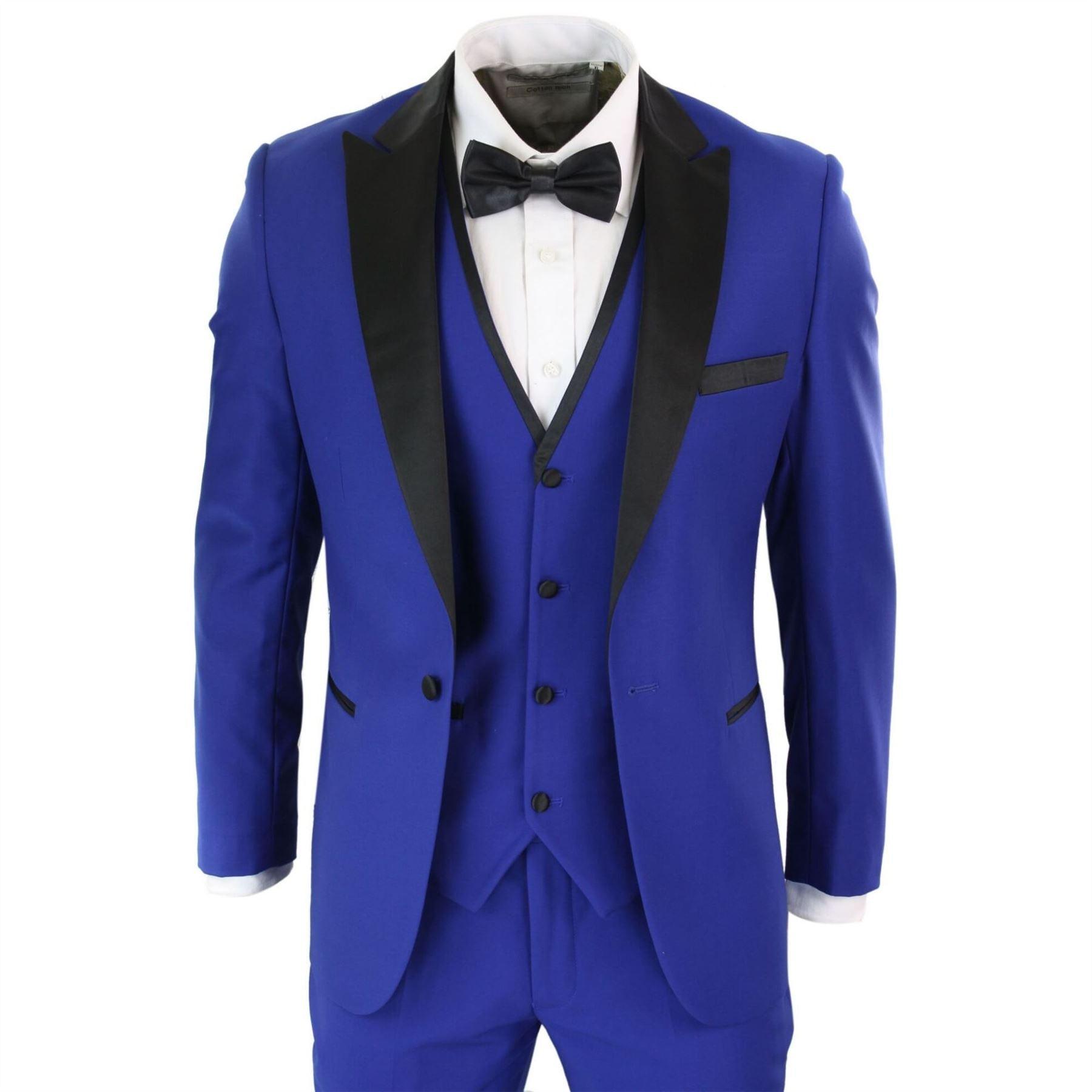 Mens 3 Piece Blue Black Satin Tuxedo Dinner Suit Tailored Fit Wedding Prom Groom - Knighthood Store