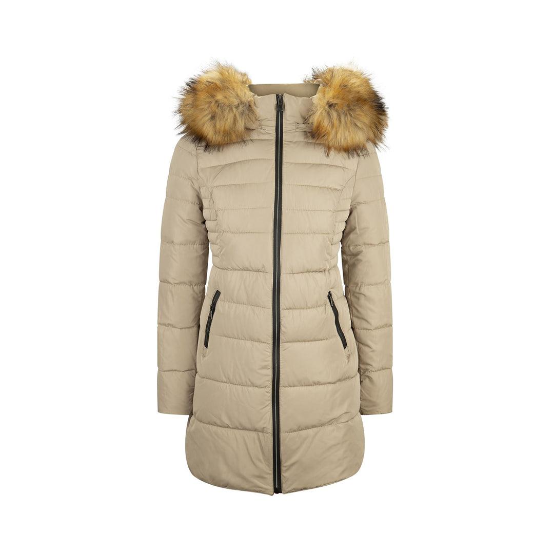 Ladies 3/4 Parka Jacket Fur Hood Zipped Padded Puffer Black Beige Winter - Knighthood Store