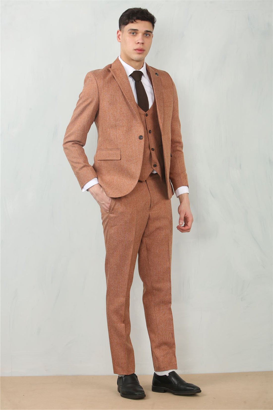 Men's 3 Piece Suit Camel Rust Brown Tailored Fit Wedding Prom Formal Textured