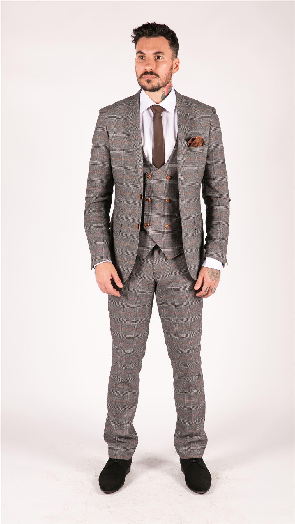 Grey Tweed 3 Piece Suit Prince Of Wales Check Slim Fit Double Breast Waistcoat - Knighthood Store