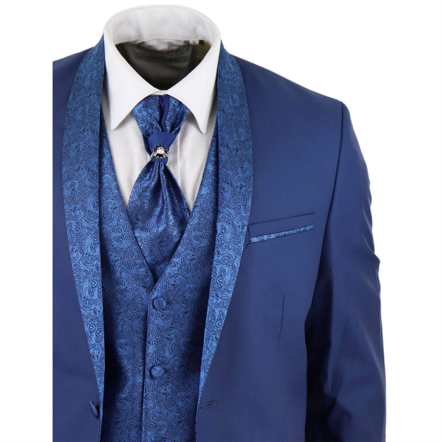Mens 4 Piece Wedding Suit Groom Shawl Collar Vintage Blue Cravat Tailored Fit