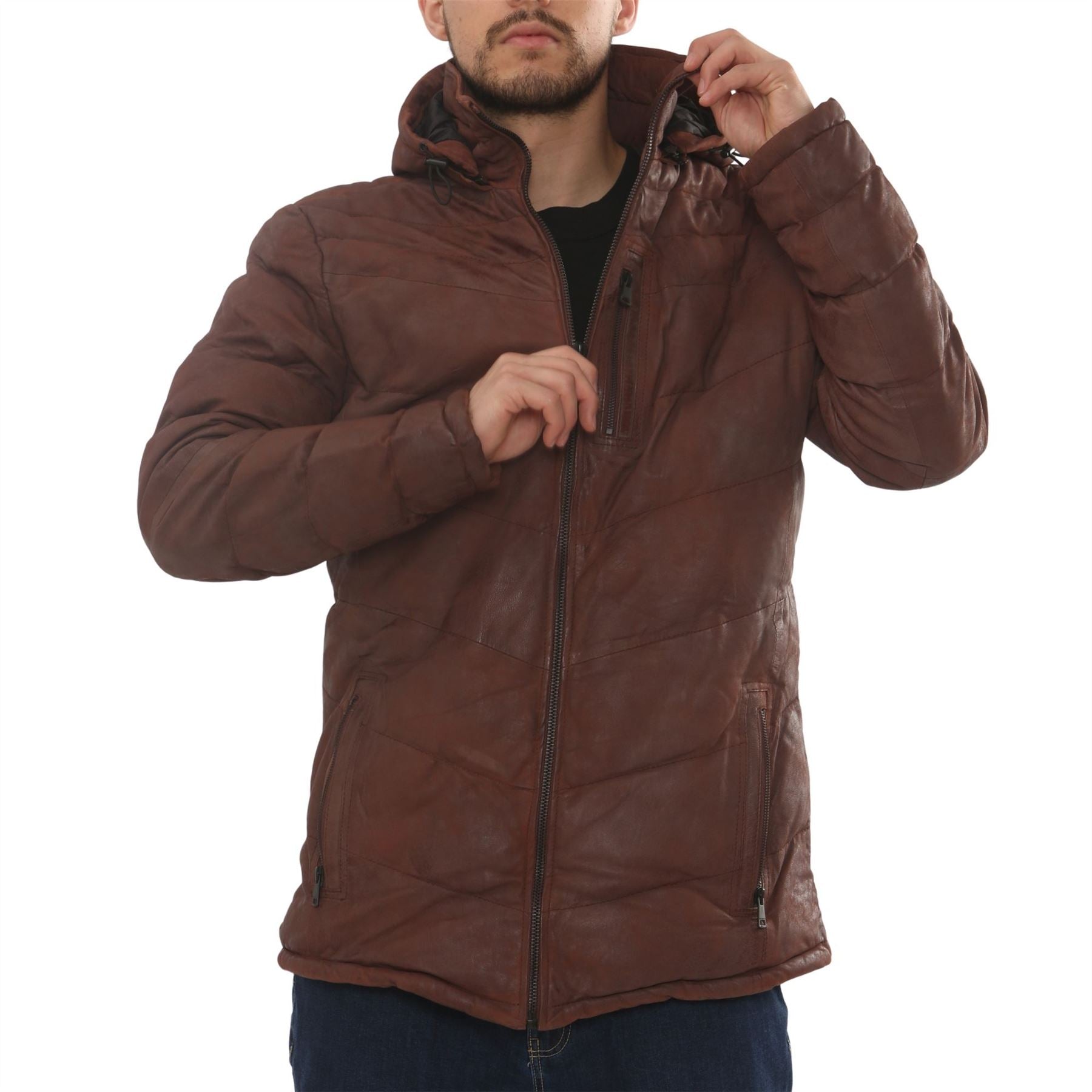 Men's Leather Puffer Jacket Hooded Quilted Winter Coat