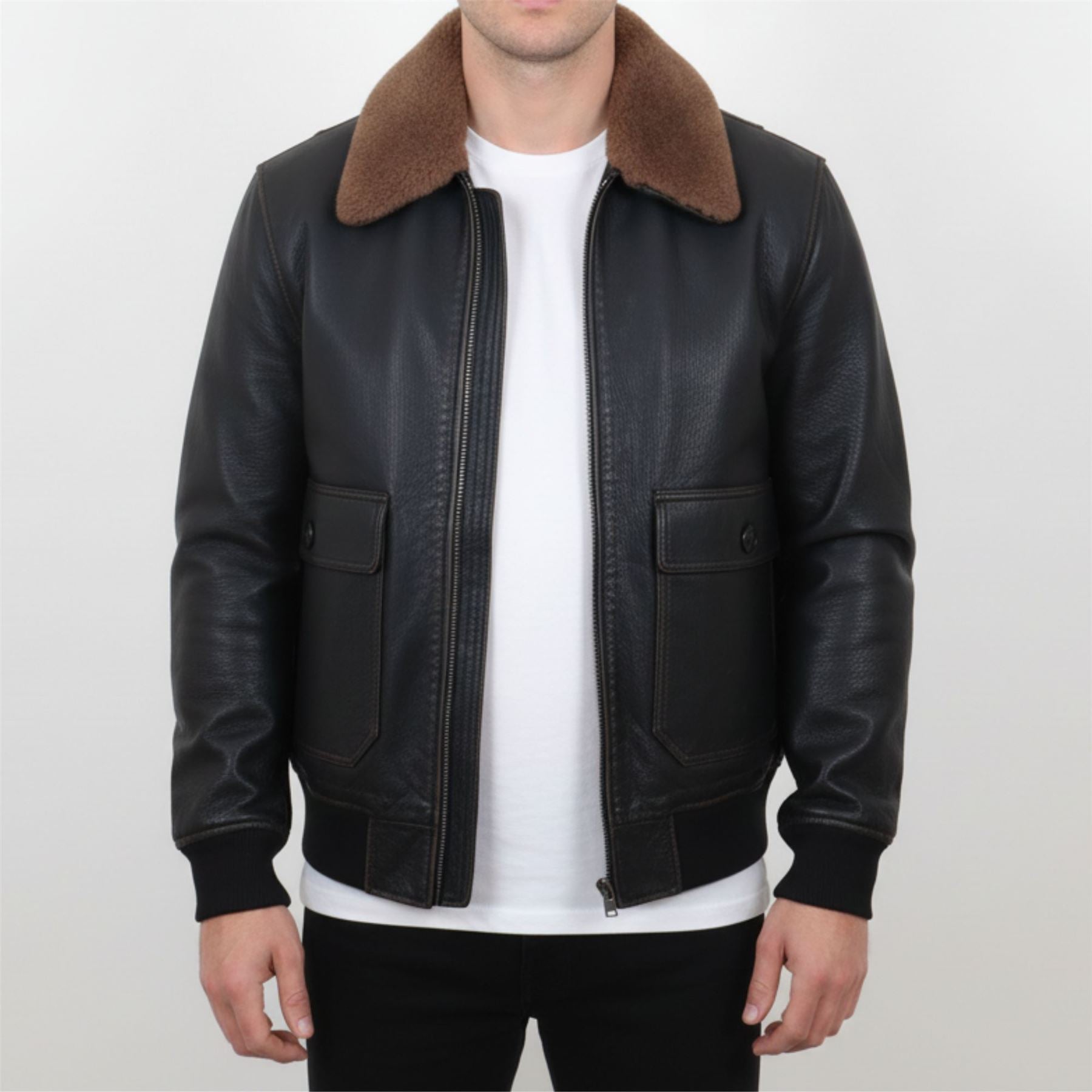 Men's Black Leather Bomber Aviator Jacket