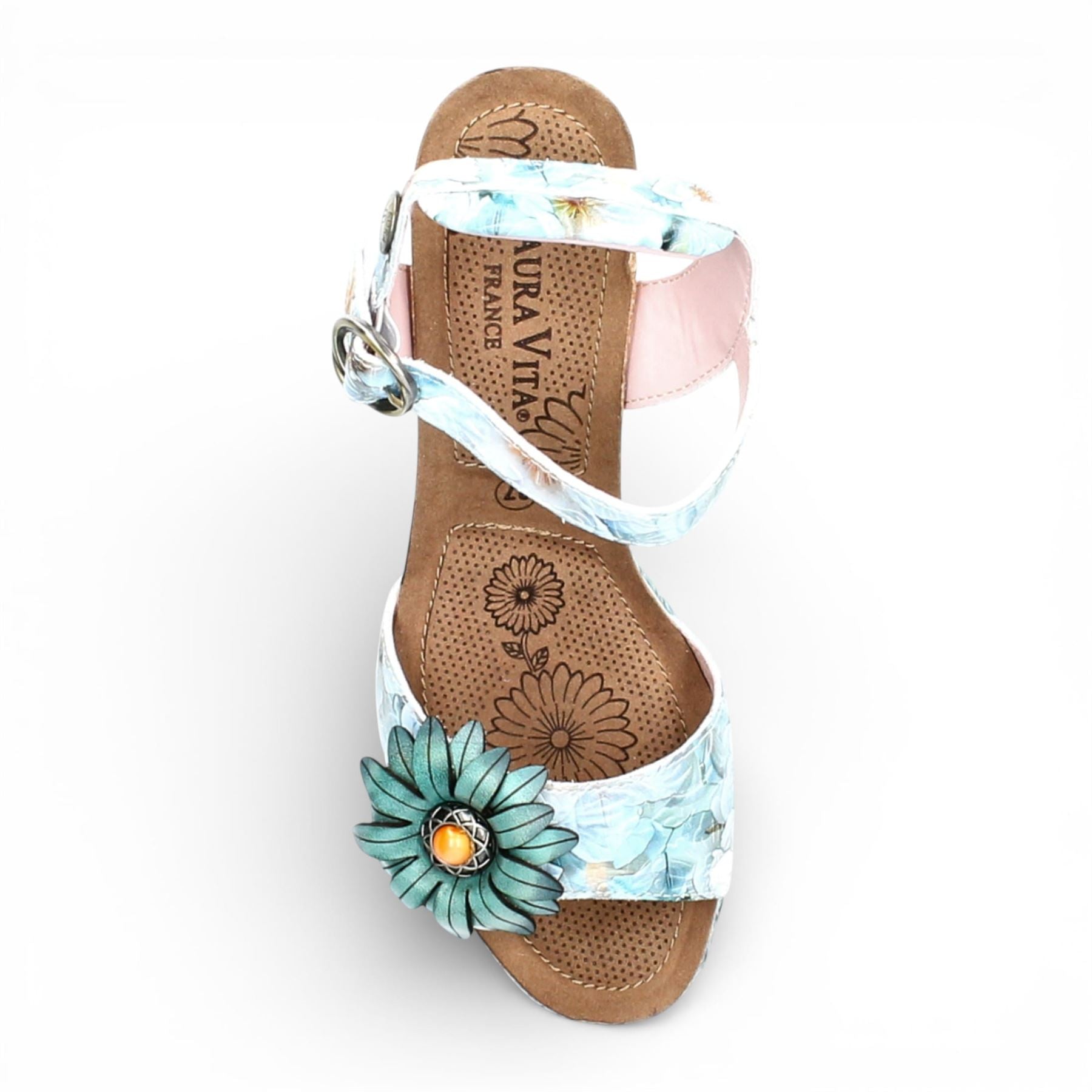 Facyo 75 - Women's Blue Floral Leather Wedge Sandals