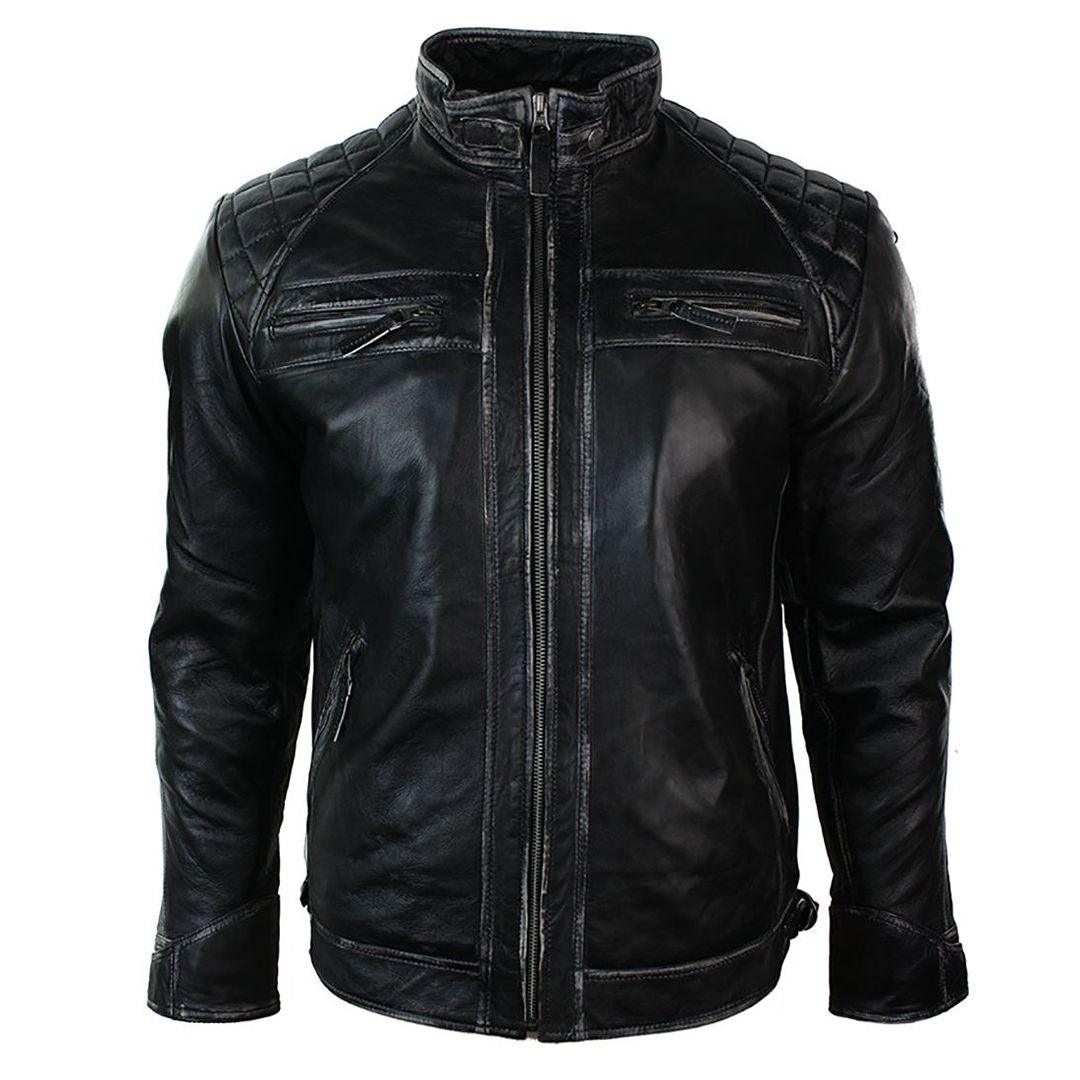 Mens Retro Style Zipped Biker Jacket Real Leather Soft Black Casual - Knighthood Store