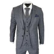 Mens Grey Check 3 Piece Suit Vintage Retro Smart Wedding Classic Tailored Fit Light