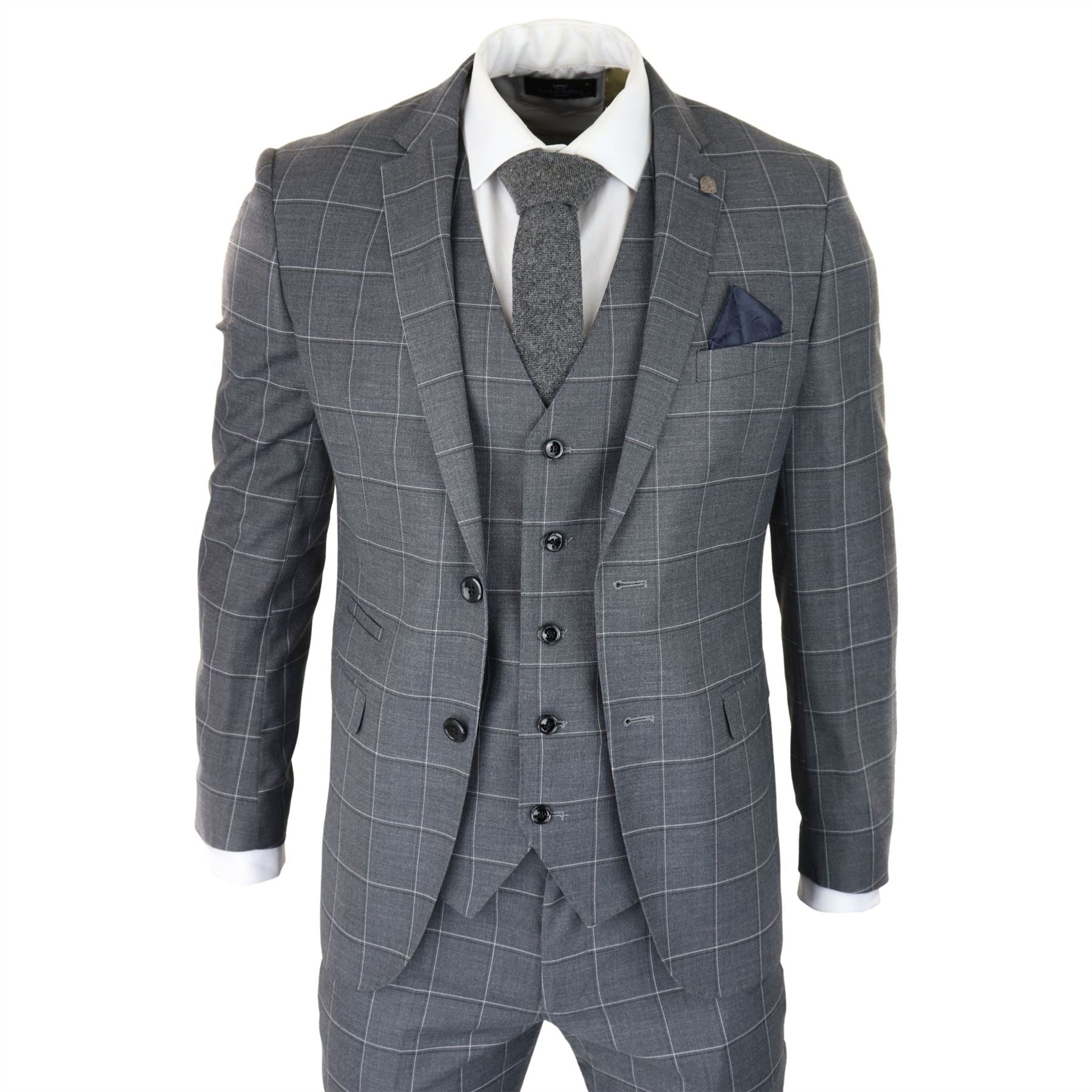 Mens Grey Check 3 Piece Suit Vintage Retro Smart Wedding Classic Tailored Fit Light