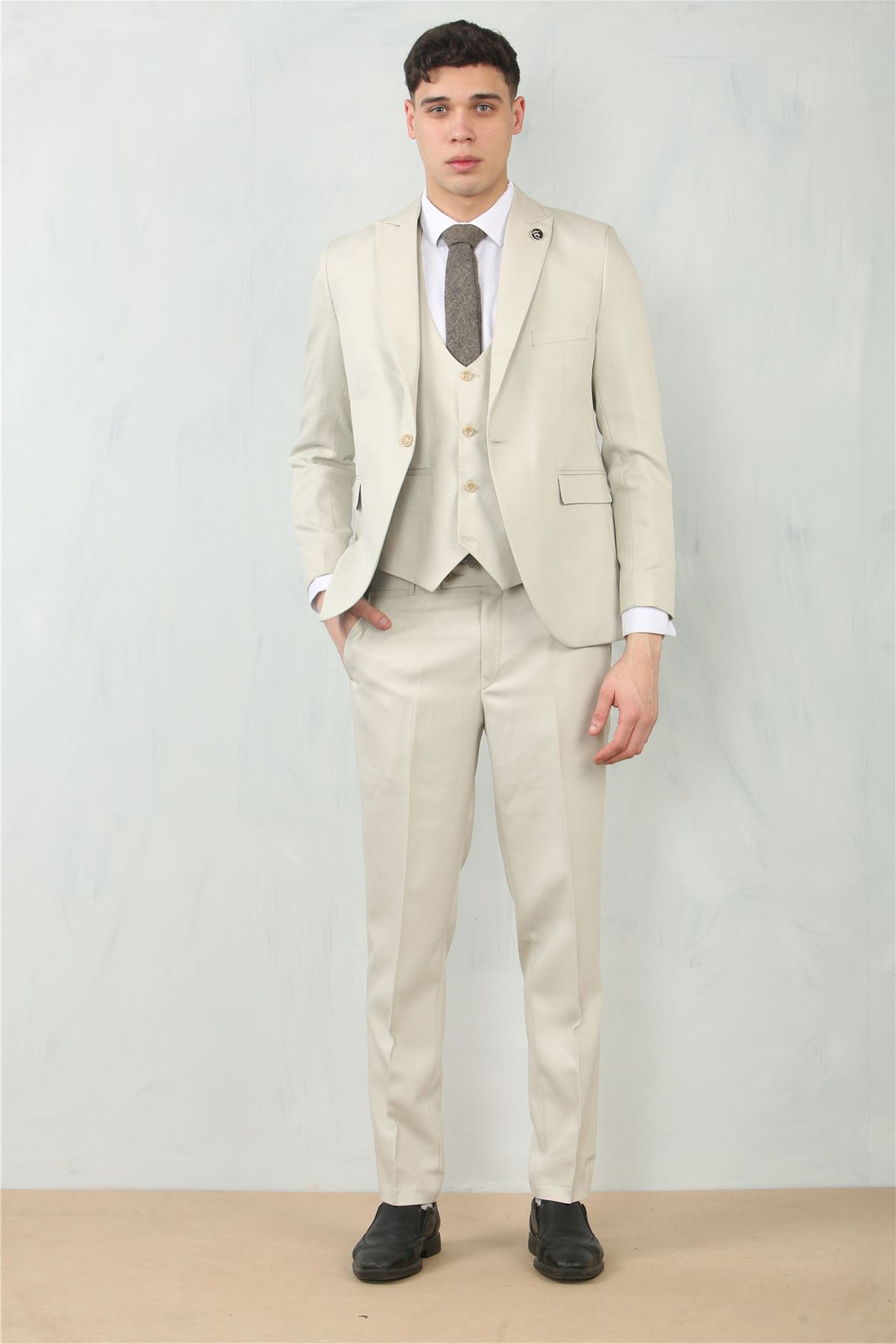 Men's 3 Piece Suit Cream Beige Tailored Fit Wedding Classic Prom Formal Textured