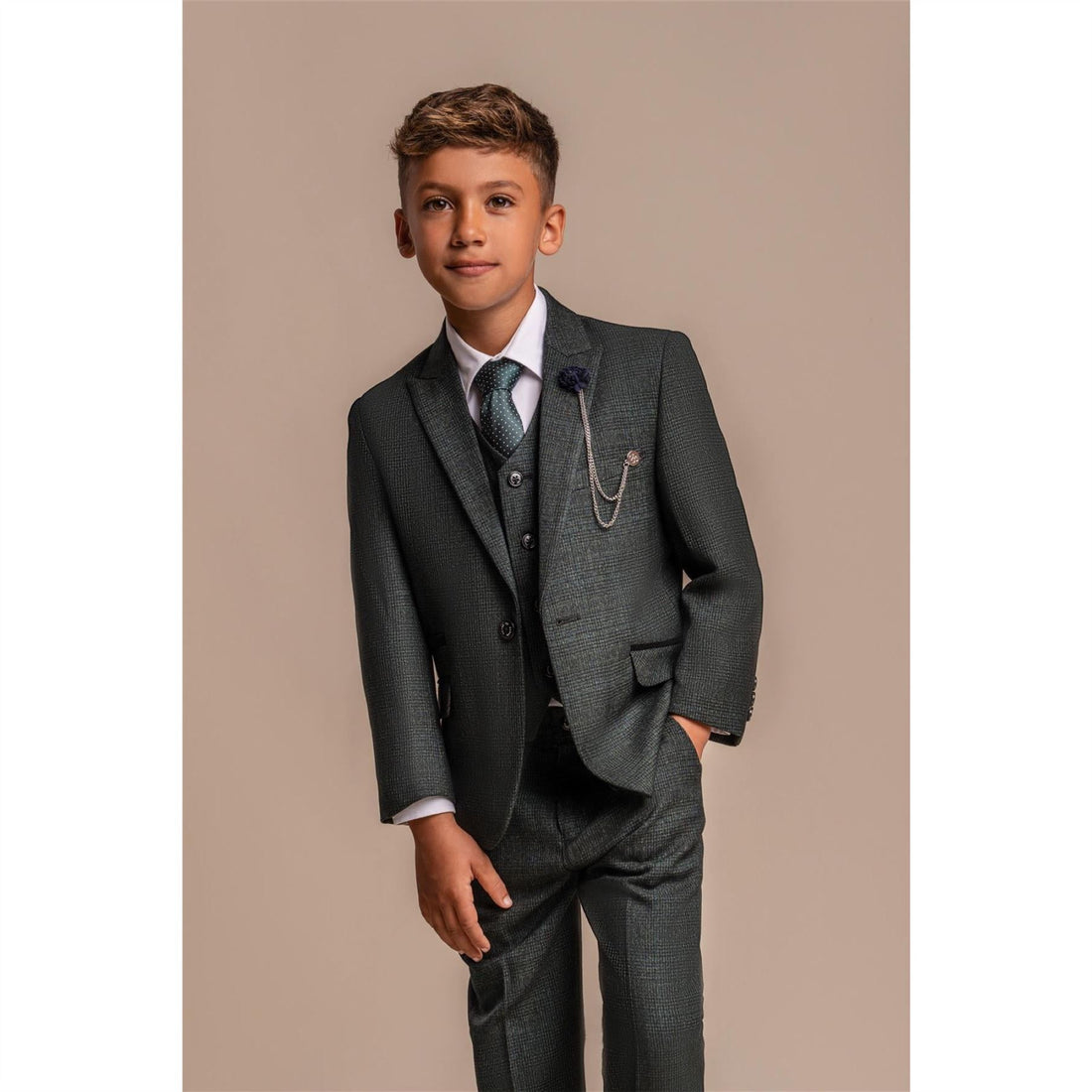 Boys 3 Piece Olive Green Check Suit Tweed Tailored Fit Wedding