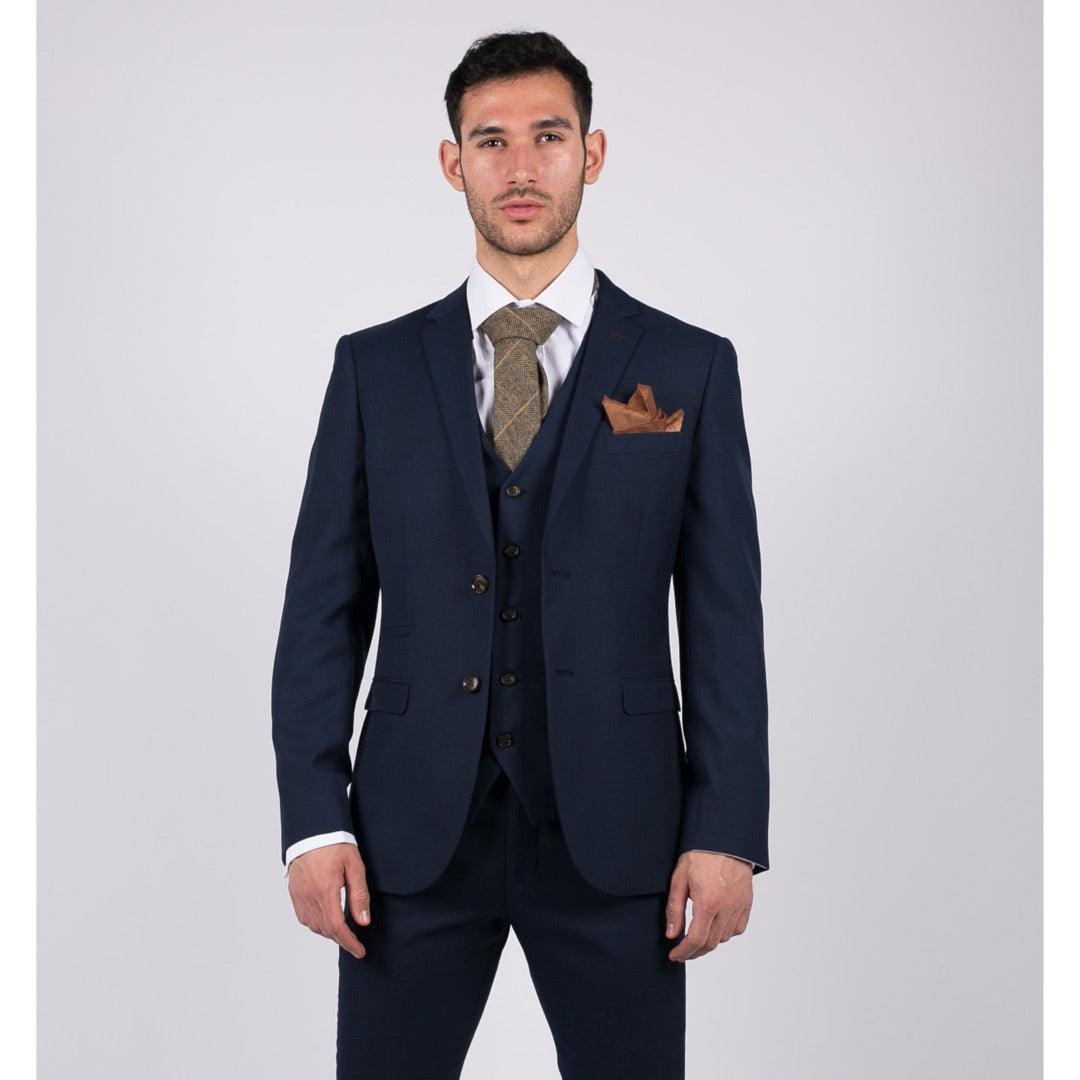 Mens Navy 3 Piece Suit Tailored Fit Smart Formal Classic Wedding Retro Vintage - Knighthood Store