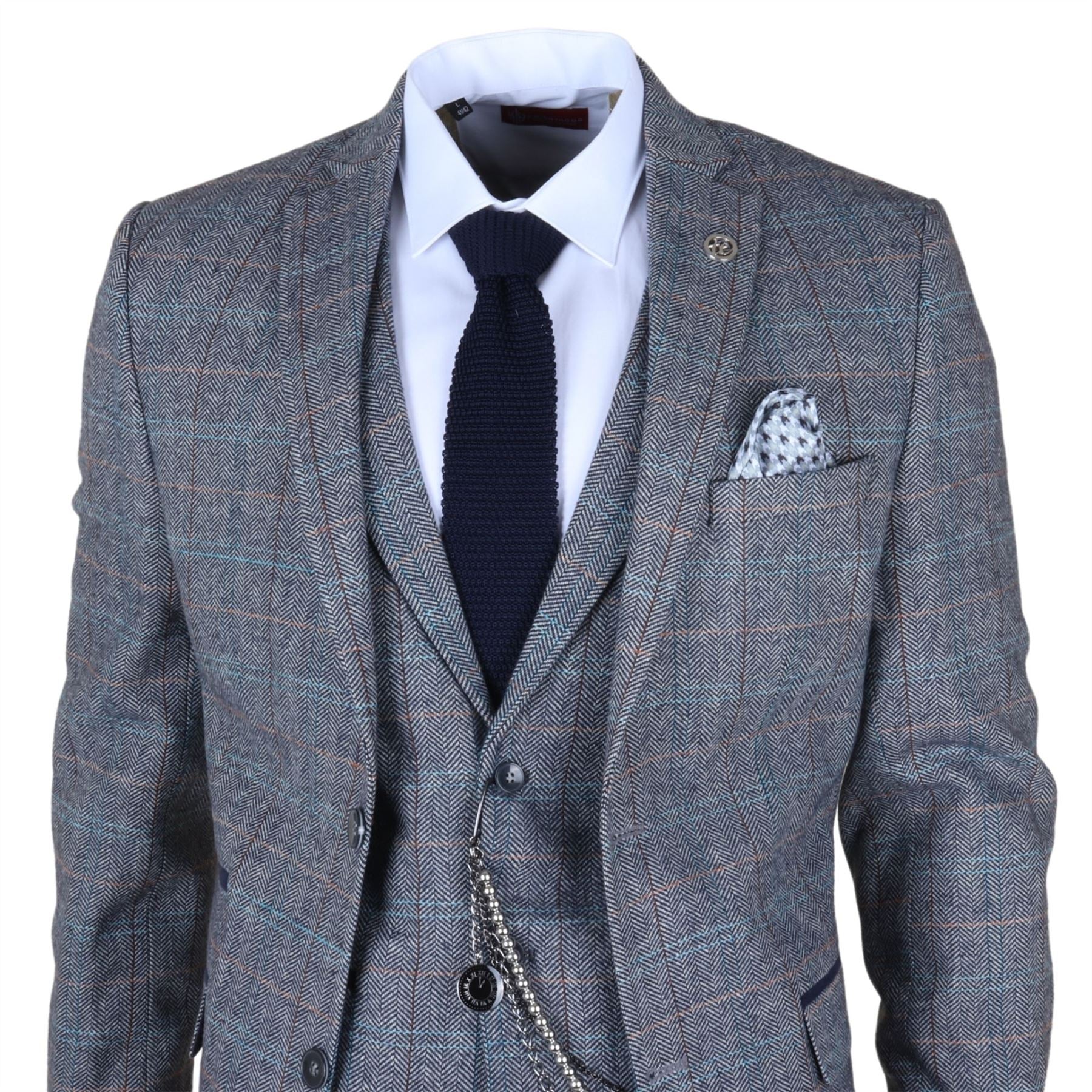 STZ74 - Men's 3 Piece Suit Wool Tweed Light Blue Grey Check