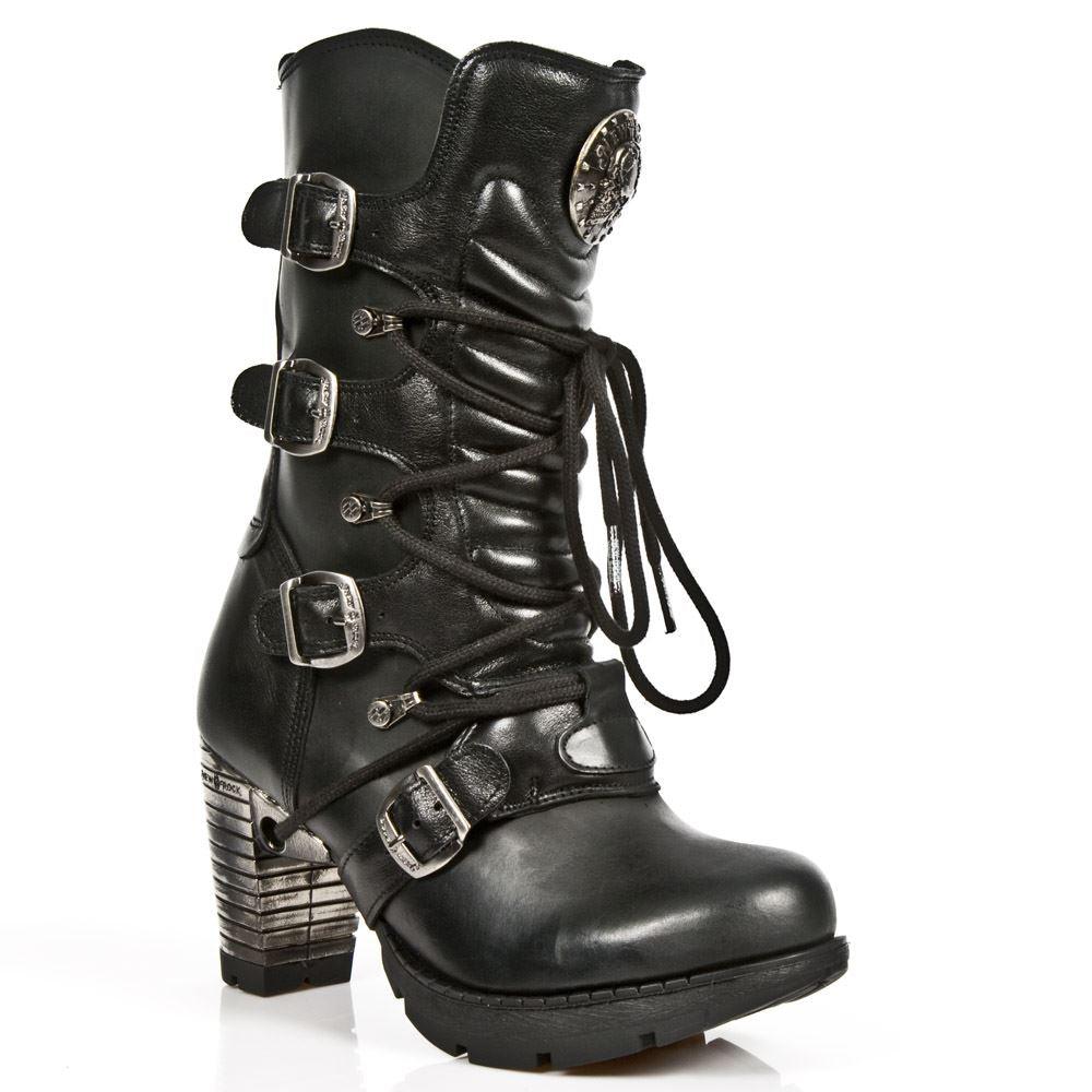 New Rock TR003-S1 womens Platform Heel Metal Rock Punk Laces Mid Boots Goth - Knighthood Store