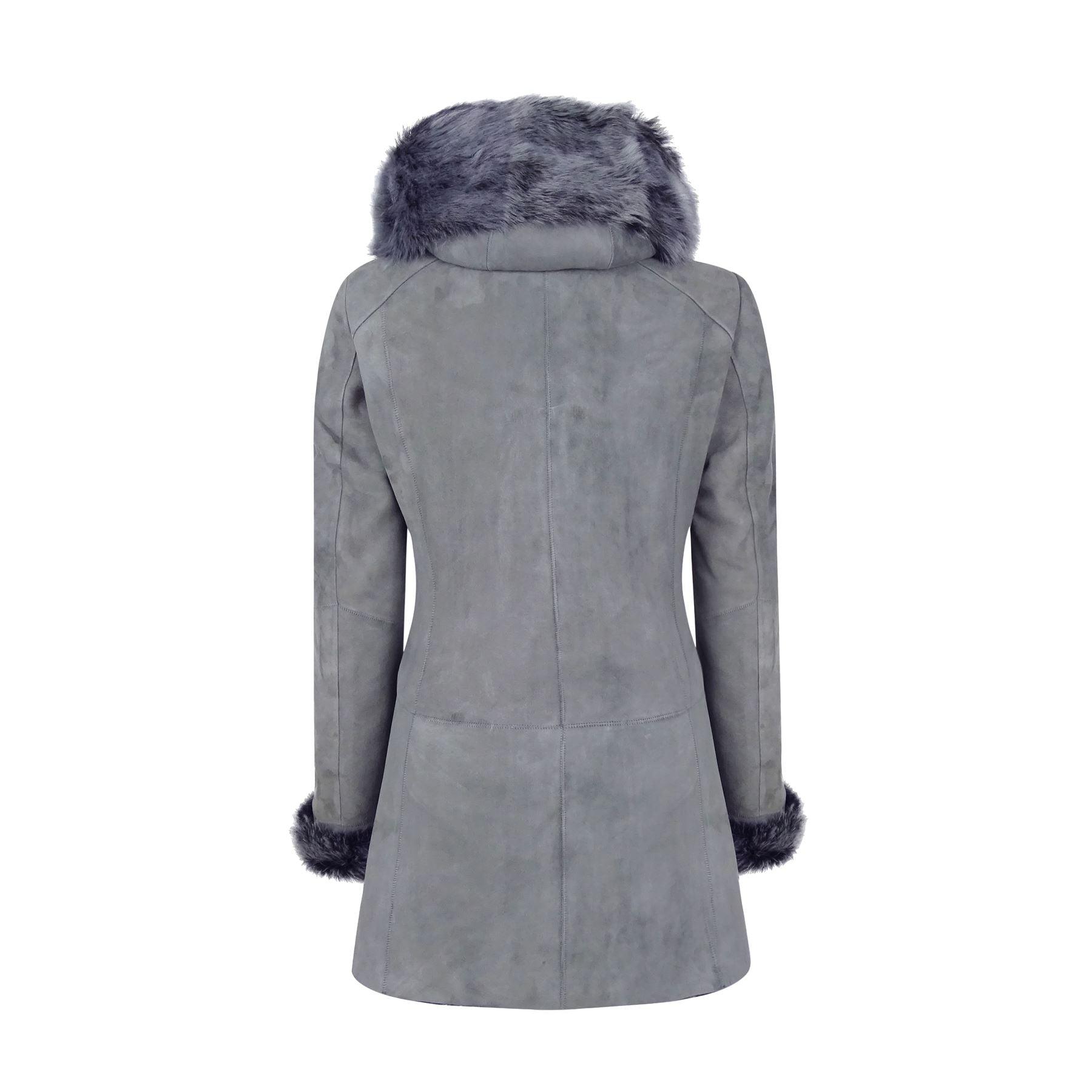 Grey Ladies Long Suede Real Toscana Sheepskin Coat Zipped Hood Tailored Fit - Knighthood Store