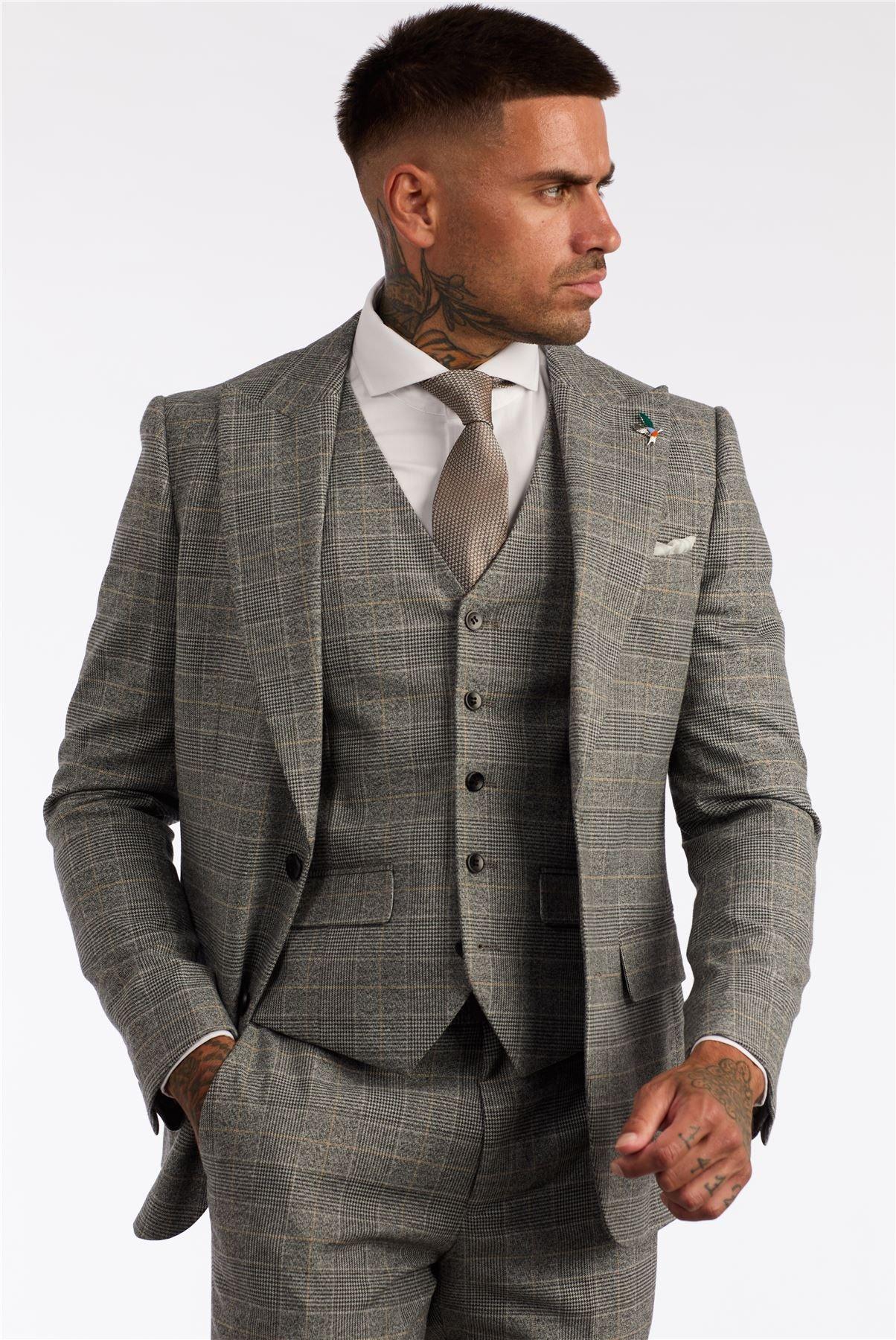 Men's Grey 3 Piece Suit Prince Of Wales Check Formal Business Dress Suits - Knighthood Store