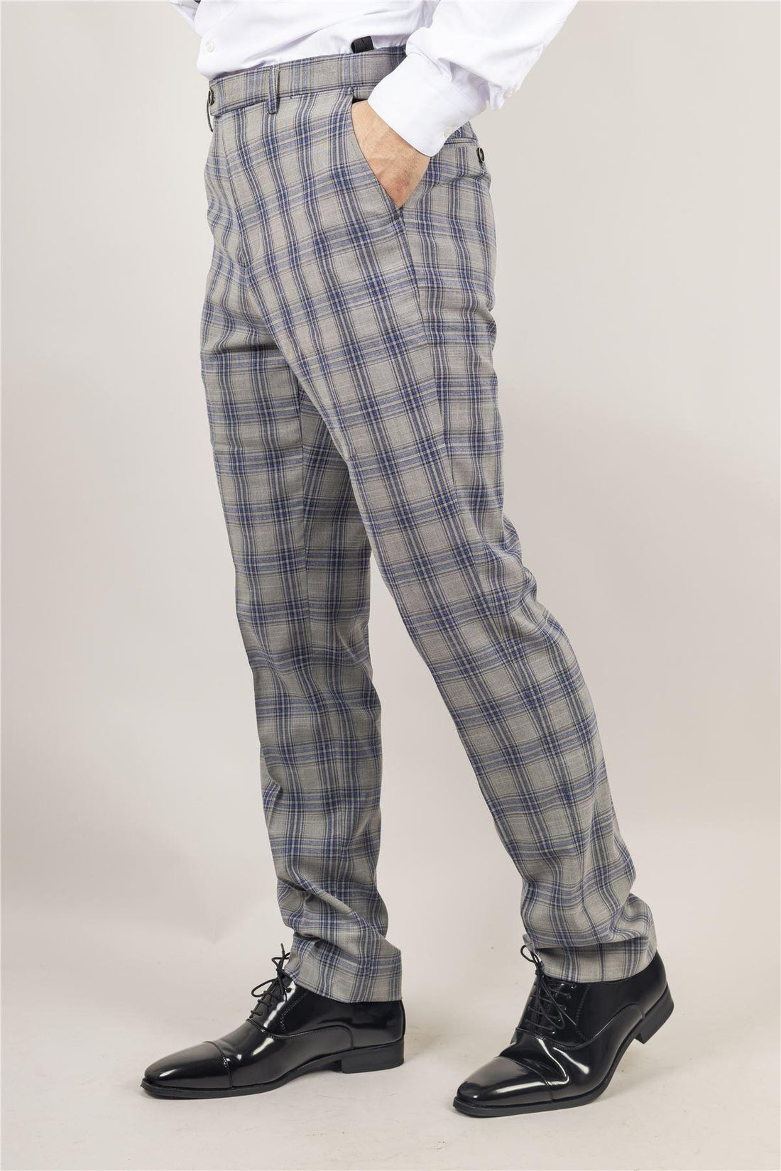 Men's Trousers Grey Blue Checked Casual Formal Pants - Knighthood Store