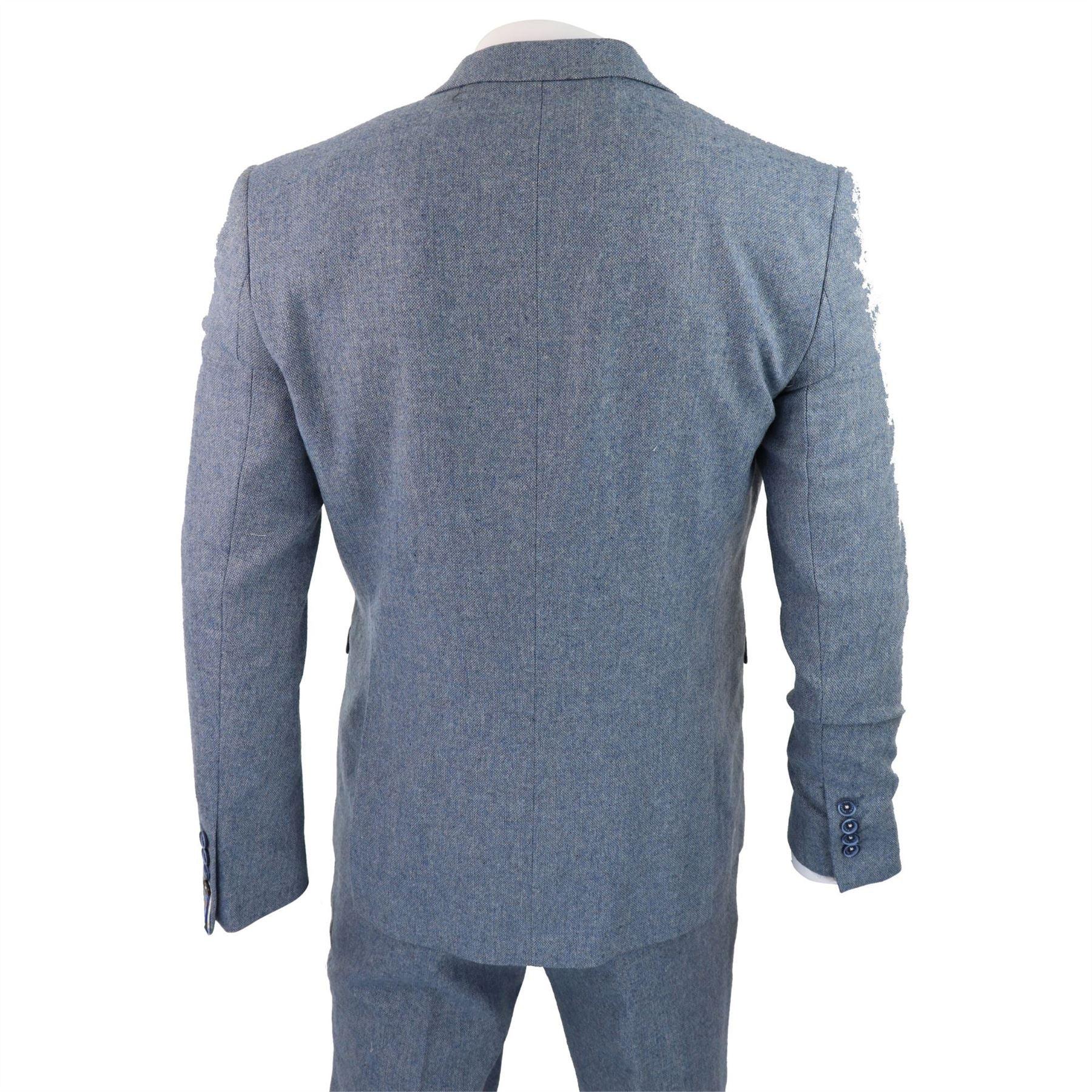 Mens 3 Piece Wool Suit Light Blue Tweed Vintage 1920s Classic 4 Pocket Waistcoat - Knighthood Store