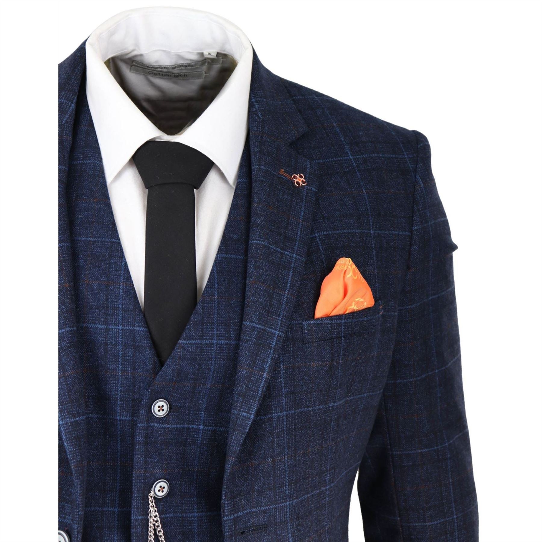 Mens Grey 3 Piece Suit Tan Navy Check Wedding Prom Formal Vintage Tailored Fit