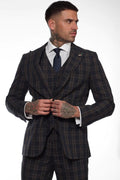 Men's Navy Blue 3 Piece Check Suit Formal Business Dress Suits - Knighthood Store