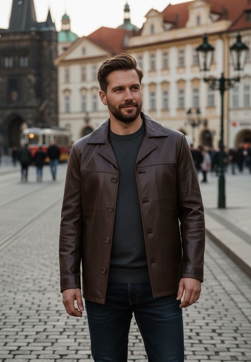 Men's Leather Car Coat Collared Blazer Style Jacket