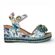Facyo 75 - Women's Blue Floral Leather Wedge Sandals