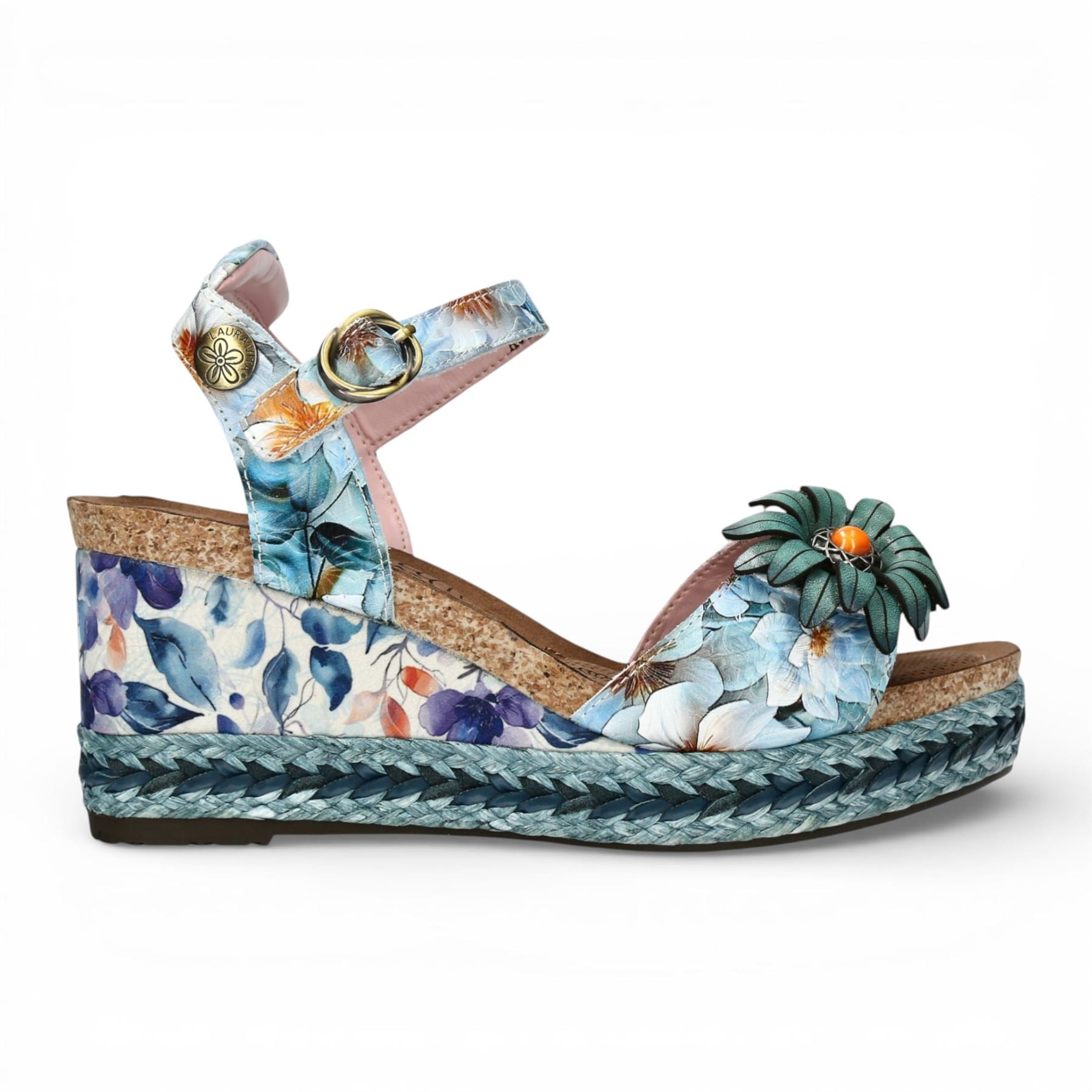 Facyo 75 - Women's Blue Floral Leather Wedge Sandals